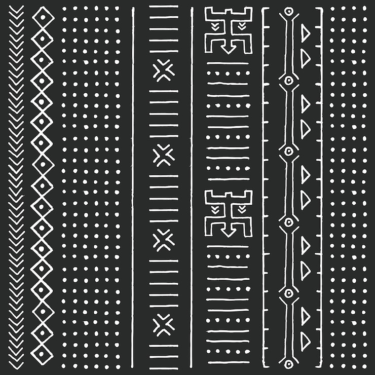 Modèle ethnique tribal noir et blanc avec des éléments géométriques, tissu de boue africaine traditionnelle, design tribal