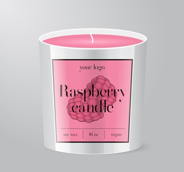 Modèle d'étiquette de bougie framboise emballage de tasse en verre isolé