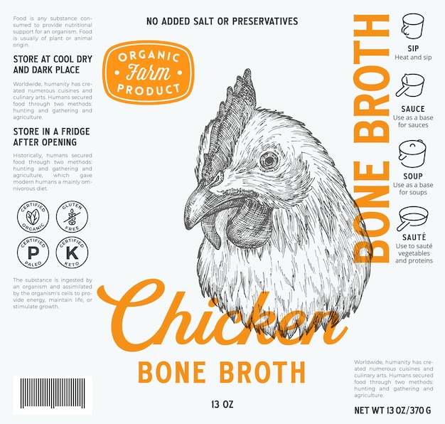 Modèle d'étiquette de bouillon d'os de poulet abstract vector food packaging design layout typography modern wit...