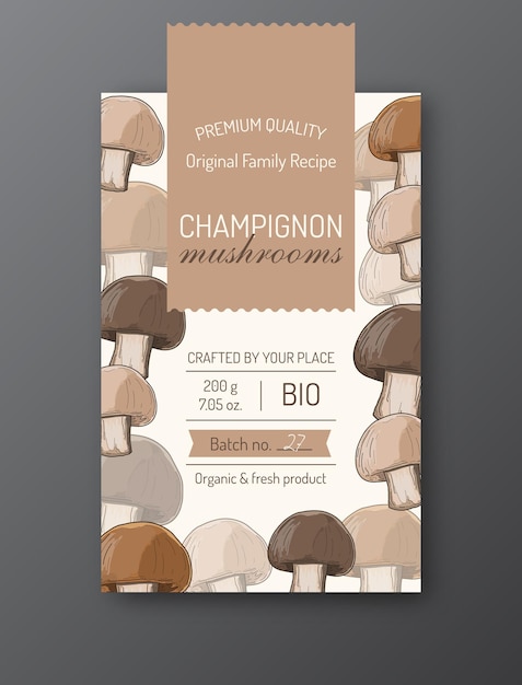 Modèle d'étiquette de champignon Champignon Mise en page de conception d'emballage vectoriel moderne Isolé