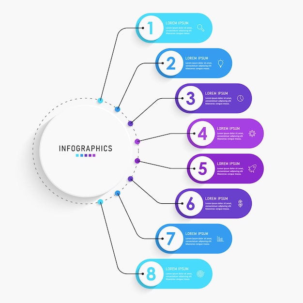 Modèle d'étiquette infographique avec icônes et options ou étapes.