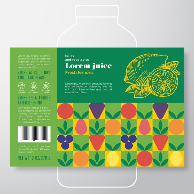 Modèle D'étiquette De Jus De Fruits Et Légumes Modèle D'étiquette De Jus Abstract Vector Packaging Design Layout Bannière De Typographie Moderne Avec Fond De Silhouette De Citron Dessiné à La Main