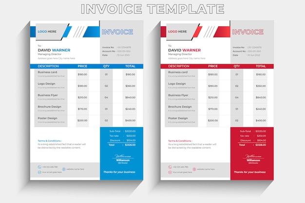 Vecteur modèle de facture d'entreprise avec des formes rouges bleues et grises