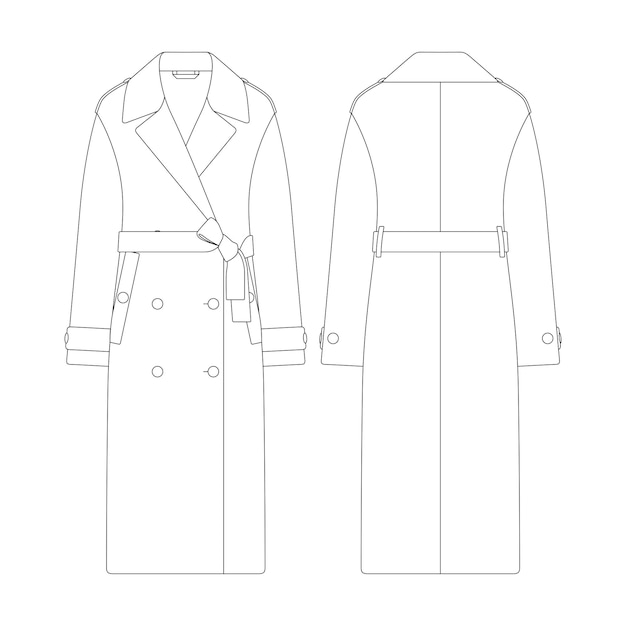 Modèle Femmes Double Boutonnage Trench-coat Vector Illustration Design Plat Contour Collection De Vêtements Vêtements D'extérieur