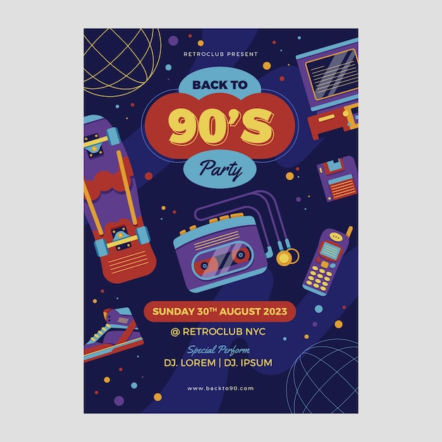 Modèle de fête coloré design plat des années 90