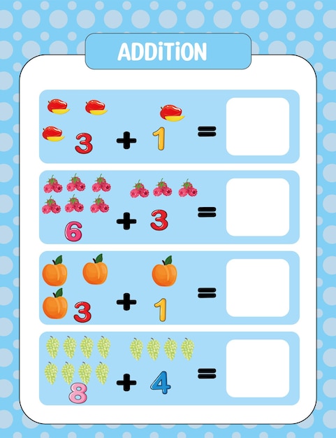 Vecteur modèle de feuille de calcul mathématique d'addition préscolaire pour les enfants