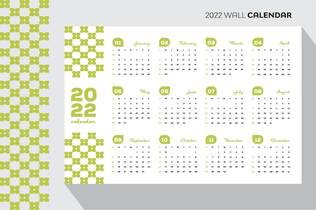 Vecteur modèle de feuille de couleur verte calendrier mural paysage minimal 2022