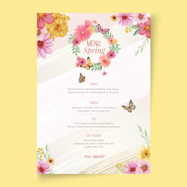 Modèle floral de menu printemps aquarelle