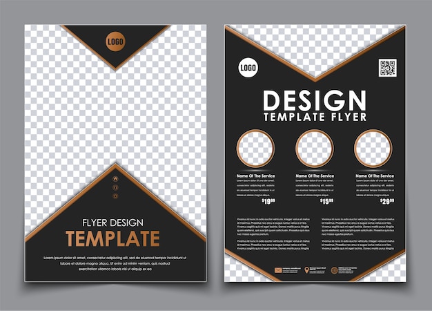 Modèle de flyer A4 noir avec espace pour images, informations, texte et code QR. Ensemble