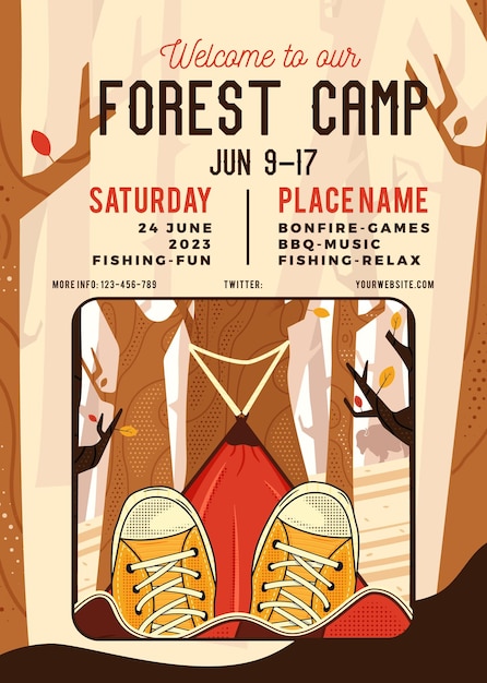 Modèle De Flyer Adveture Summer Camp Avec Campeur Se Détendre Dans Un Hamac Dans La Forêt Conception De Cartes D'invitation De Camping Classique Graphiques D'affiches Vectorielles Stock