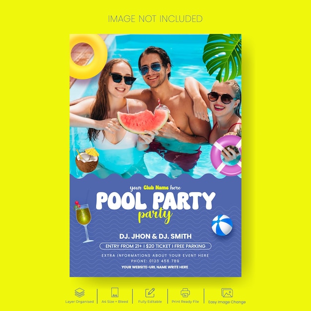 modèle de flyer ou d'affiche imprimé pour une fête d'été à la piscine avec un fond d'été tropical