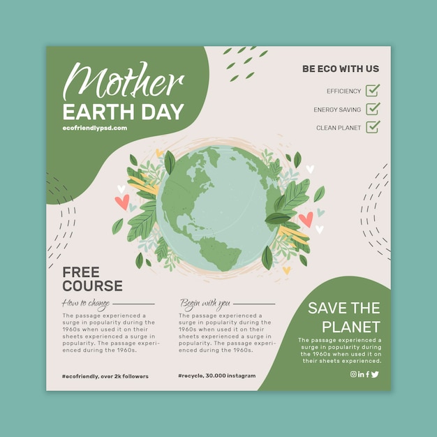 Modèle de Flyer carré de jour de la terre mère
