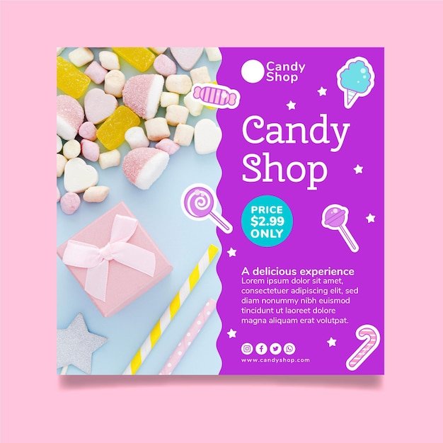 Vecteur modèle de flyer carré de magasin de bonbons