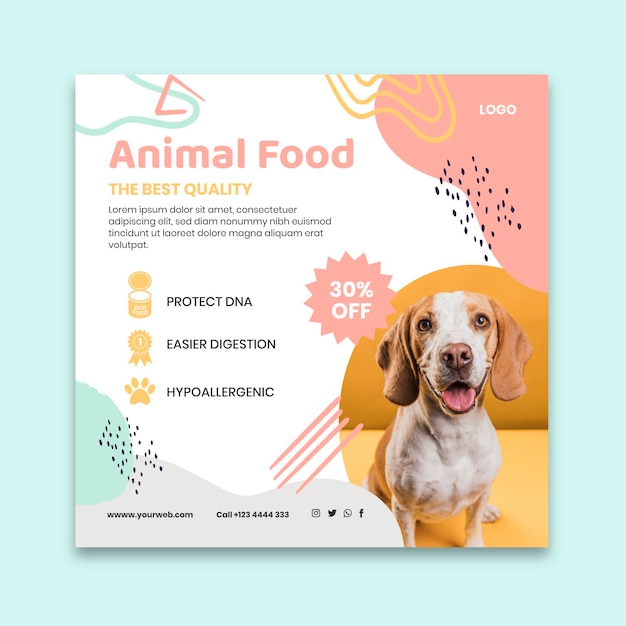 Vecteur modèle de flyer carré de nourriture animale