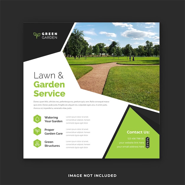 Vecteur modèle de flyer carré pour les services d'entretien des jardins verts et les services d'entretien des pelouses instagram