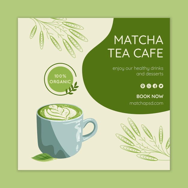 Vecteur modèle de flyer carré de thé matcha