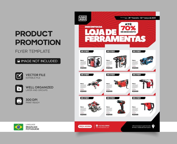 Vecteur modèle de flyer de catalogue de produits d'outillage en portugais brésilien
