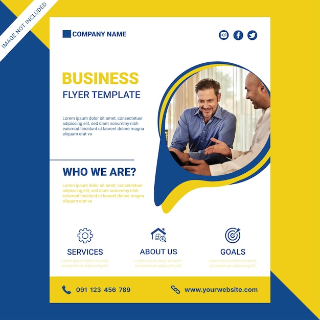 Modèle de flyer commercial vertical en bleu et jaune