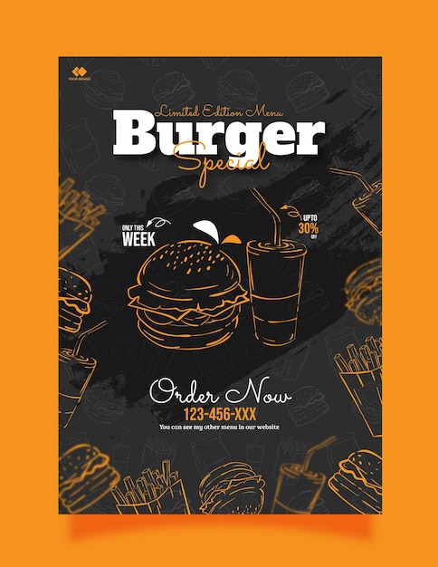 Vecteur modèle de flyer de délicieux hamburgers et menus alimentaires avec dessin à la main