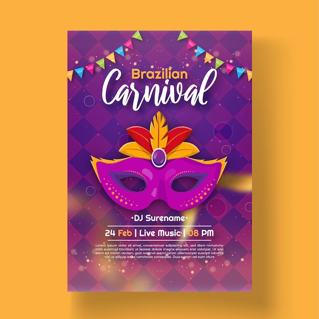 Vecteur modèle de flyer de fête de carnaval brésilien avec masque de ruban doré et confettis