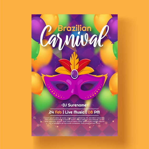 Vecteur modèle de flyer de fête de carnaval brésilien avec masque de ruban doré et confettis