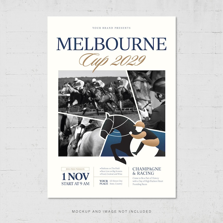 Vecteur modèle de flyer de la melbourne cup événement de courses de chevaux v3 en vecteur eps