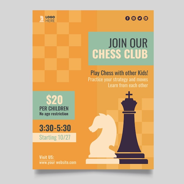 Vecteur modèle de flyer de tournoi d'échecs