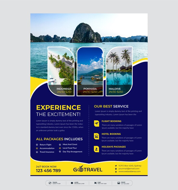 Vecteur modèle de flyer de vacances, voyages d'été et tourisme