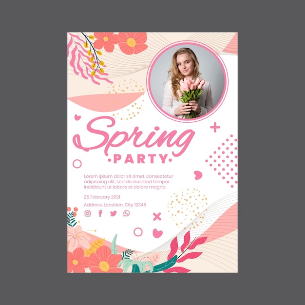 Vecteur modèle de flyer vertical pour la fête du printemps avec femme et fleurs