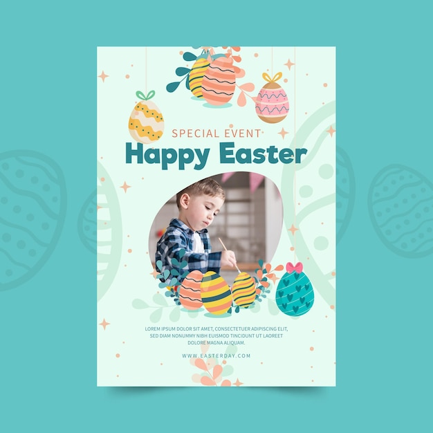 Modèle de flyer vertical pour Pâques avec enfant et oeufs
