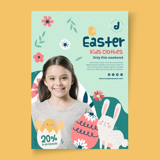 Modèle de flyer vertical pour vente de Pâques avec fille et oeufs
