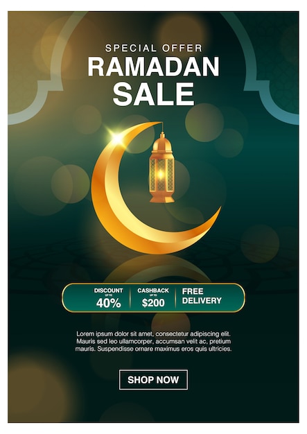 Vecteur modèle de fond de bannière promotionnelle ramadan kareem décoré avec une lanterne arabe réaliste. vente spéciale islamique eid mubarak