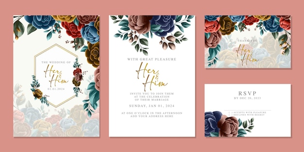 Vecteur modèle de fond de carte d'invitation de mariage de belles fleurs de luxe