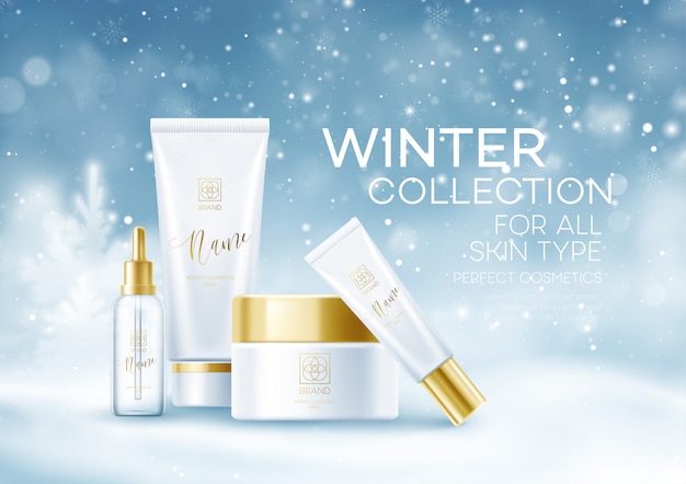 Modèle de fond de cosmétiques d'hiver. Tubes cosmétiques sur fond de paysage d'hiver enneigé. Fond de poussière de neige.