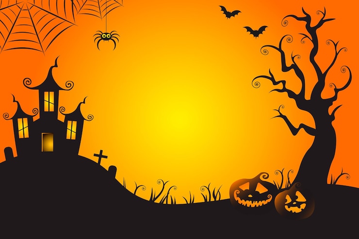 Vecteur modèle de fond d'halloween heureux avec des toiles d'araignées de chauves-souris du château paysage nocturne effrayant avec grande lune