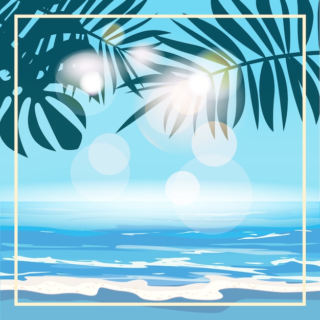 Modèle De Fond Tropical L'été Avec Des Plantes Et Des Feuilles De Palmier Exotiques, Vagues Du Rivage Surf Mer, Océan