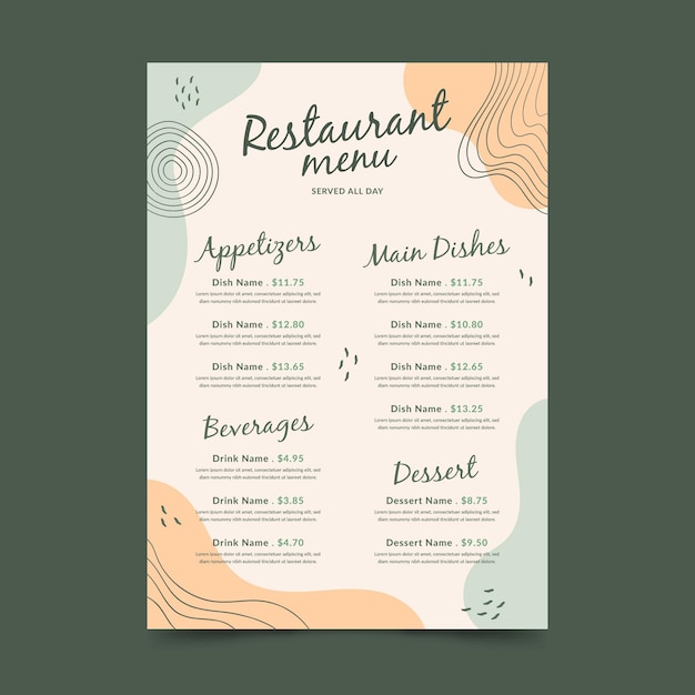 Vecteur modèle de format vertical de menu de restaurant numérique memphis