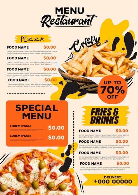 Vecteur modèle de format vertical de menu de restaurant numérique avec pizza et frites