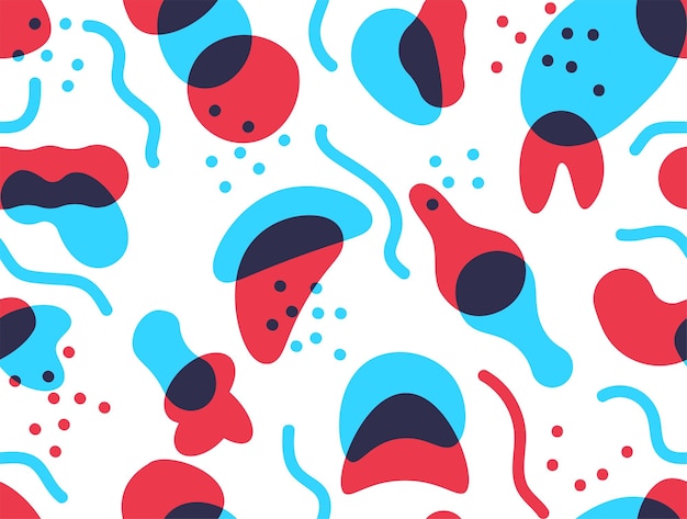 Vecteur modèle de forme de goutte galets abstraits irréguliers organiques sans soudure texture moderne décorative avec des taches rondes bleues et rouges taches et points de peinture liquide minimes modèle d'impression géométrique de doodle vectoriel