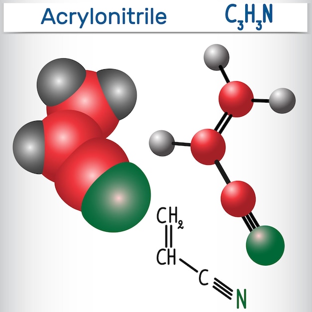 Vecteur modèle de formule chimique structurale de molécule d'acrylonitrile utilisé dans la production de polyacrylonitrile