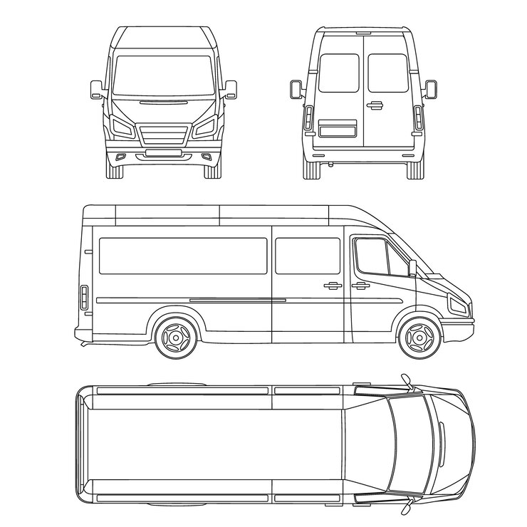 Modèle de fourgon. véhicule commercial. Blueprint, dessin, proection, tous les bus de vue