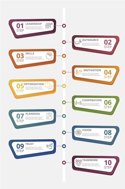 Modèle de gestion d'entreprise infographique Les icônes de différentes couleurs incluent le leadership, le développement personnel, la psychologie positive, l'autonomie et d'autres