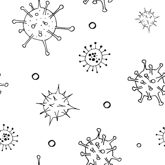 Modèle De Griffonnage De Virus Et De Bactéries. Toile De Fond Transparente. Cellules Bactériennes Vectorielles De Microbiologie Sur Fond Transparent.