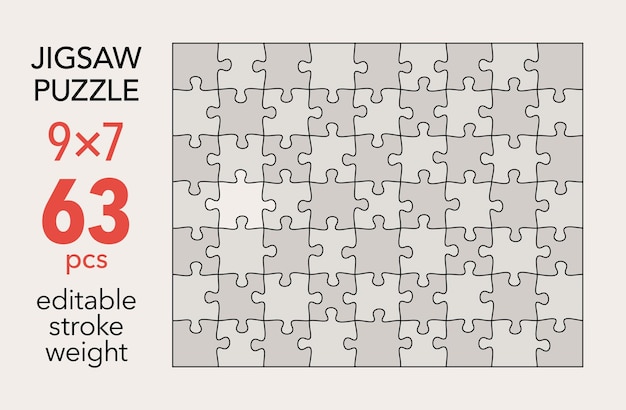 Modèle de grille de puzzle vide 9x7 formes 63 pièces Éléments de puzzle assortis séparés