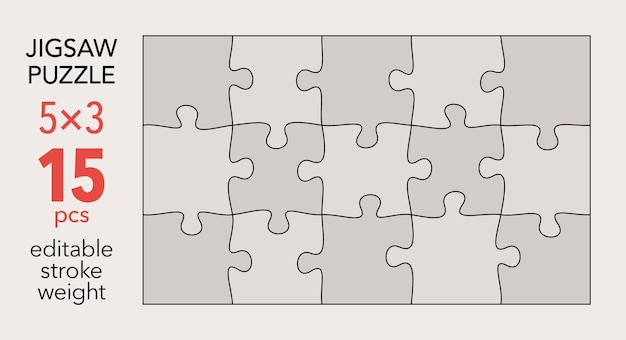 Modèle de grille de puzzle vide, formes 5x3, 15 pièces, éléments séparés et assortis de manière irrégulière