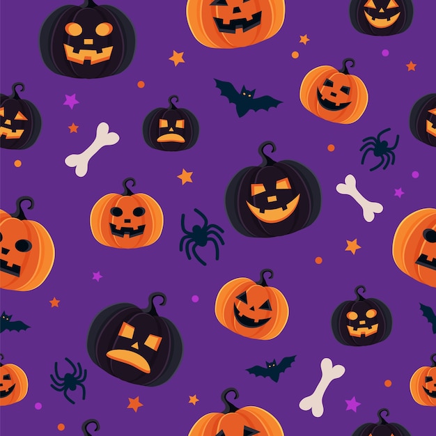 Modèle D'halloween Avec Différentes Citrouilles, Jack O Lantern Effrayant, Araignées Et Chauves-souris