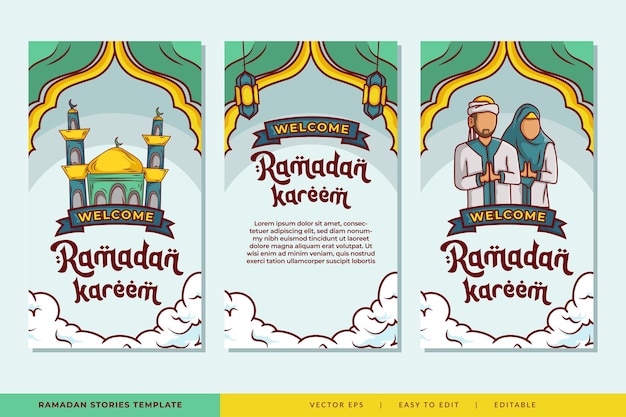 Modèle d'histoires du ramadan avec illustration islamique dessinée à la main