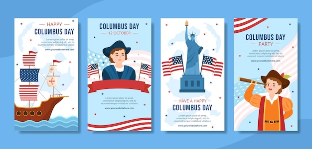 Modèle D'histoires Ig De Médias Sociaux Happy Columbus Day Illustration Plate De Dessin Animé Dessiné à La Main