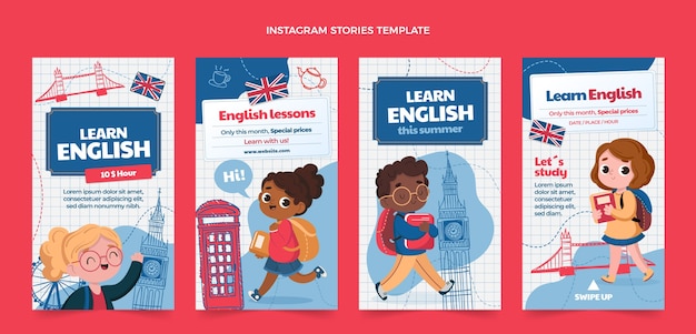 Modèle D'histoires Instagram De Leçons D'anglais Au Design Plat