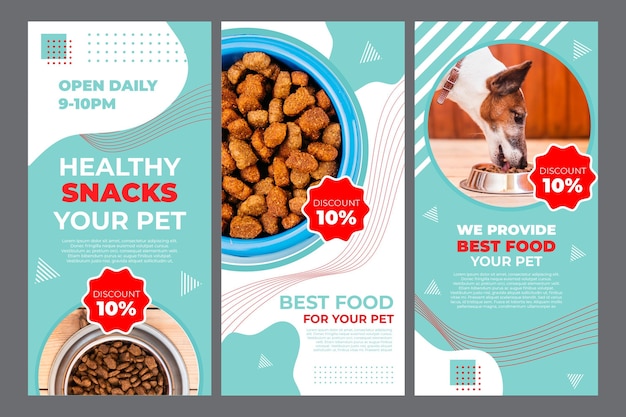Vecteur modèle d'histoires instagram de nourriture pour animaux de compagnie avec photo